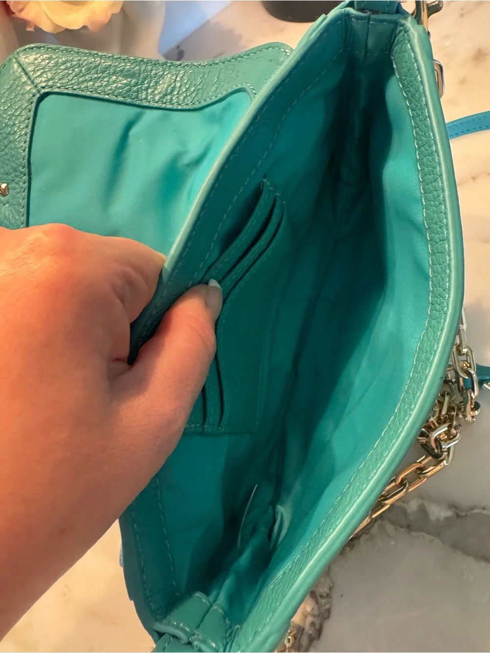 Tory Burch Turquoise Pebbled Leather Chain Strap Crossbody
